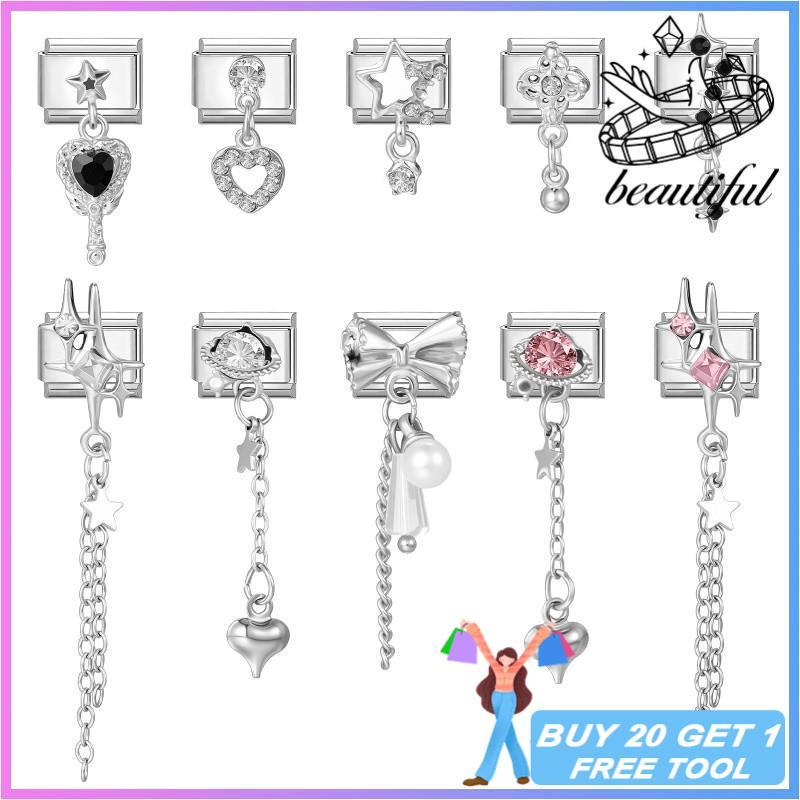 หัวใจโบว์พู่อิตาเลี่ยน Charm สร้อยข้อมือ Fit 9 มม.สร้อยข้อมือสแตนเลสเครื่องประดับทําอุปกรณ์เสริม DIY Retro บุคลิกภาพโมดูลสร้อยข้อมือ