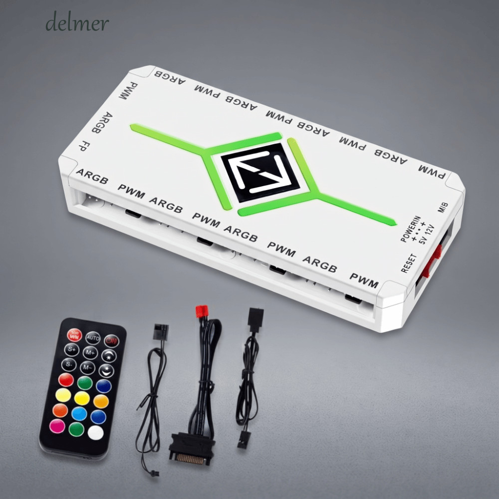 DELMER PWM Fan Hub, Magnetic 1To9 Port ARGB Fan Hub, Fan Hub 5V 3 Pin SATA Power Supply ARGB Control