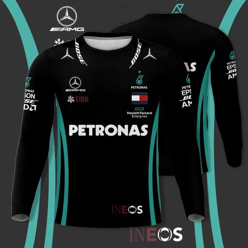 Full 3D แฟชั่นแขนยาวขนาด S-5XL Petronas Mercedes Benz F1 AMG สีขาว Editon 3D แขนยาวลําลองหลวมด้านบนร