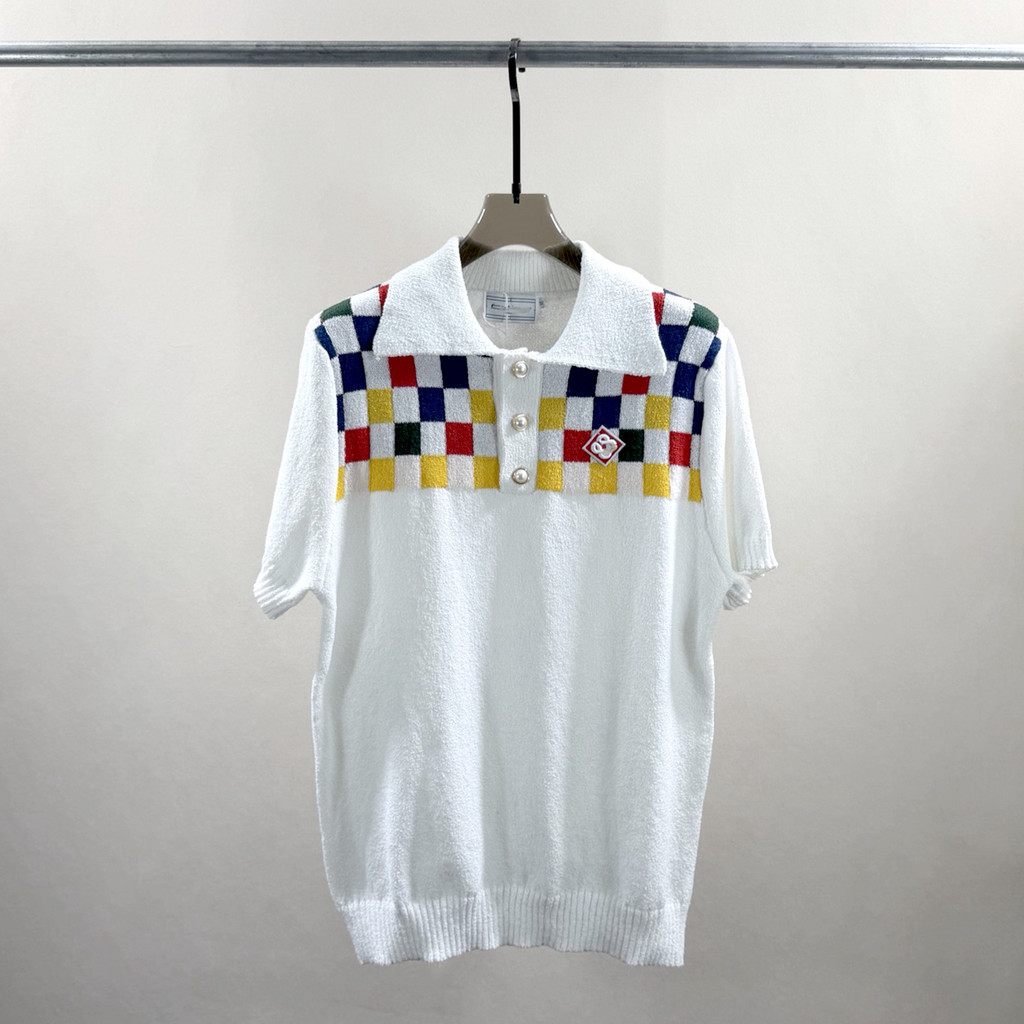JMQM CASABLANC * Pearl Button Lapel Sweater POLO Short-Sleeved Sweater ผู้ชายผู้หญิง