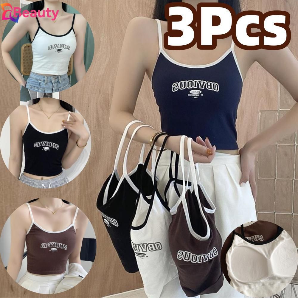 3PCS แขนกุดเบาะ Retro Street Tank Top Seamless Spaghetti Strap Crop Top แฟชั่น Letting Obvious Desig