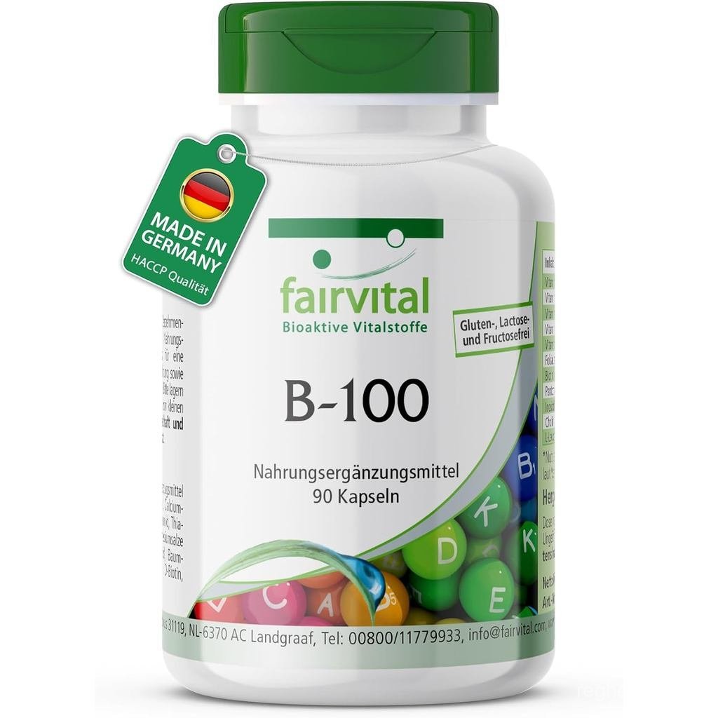 Fairvital Vitamin B Komplex Forte, B-100-90 Kapseln, alle B-Vitamine (B1, B2, B3, B5, B6, B7, B9, B1