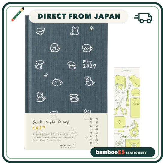 Midori Book-Style Diary, 2027, B6 Variant Size, Weekly, Dog Print, Limited Edition, with Bookmark, N