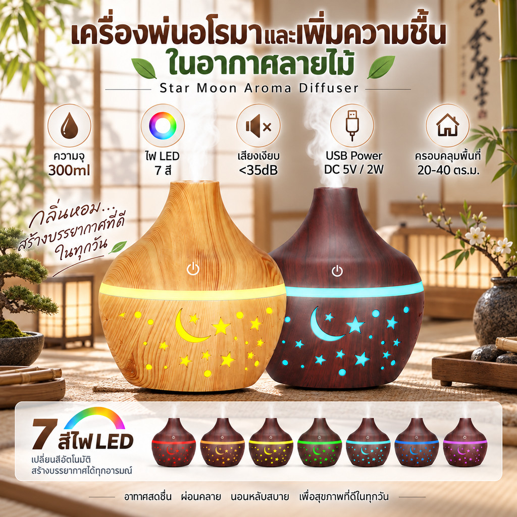 💕Mini Aroma💕เครื่องเพิ่มความชื้นอโรม่า ลายดวงดาวพระจันทร์ ตกแต่งบ้านได้ สวยหรู ดูดี ไฟ 7 สี LED ความจุ 300 ml.