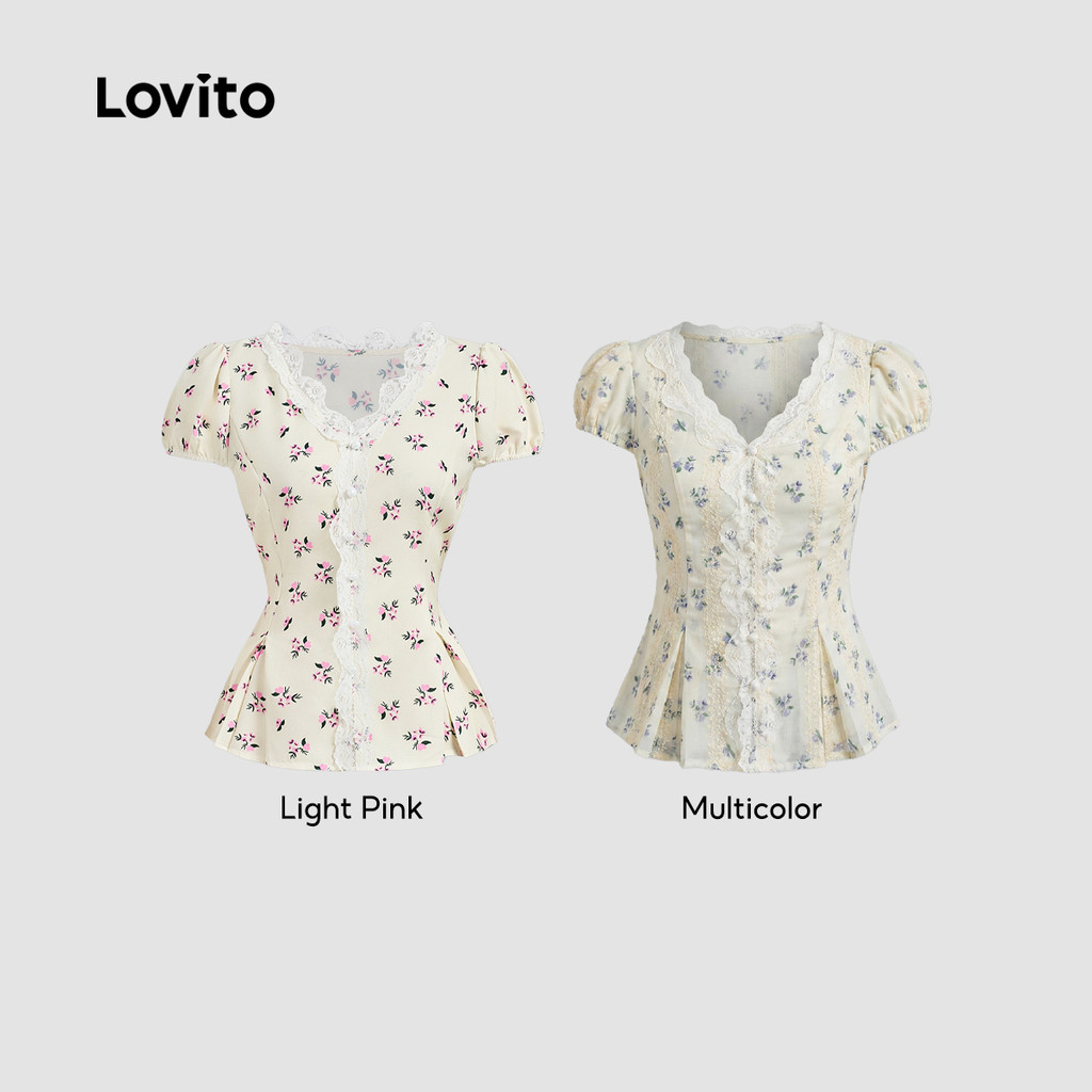 (แคชชวล) Lovito เสื้อเชิ้ตลูกไม้ผ่าหน้าด้วยกระดุม สไตล์ฤดูใบไม้ผลิ/ฤดูร้อน สำหรับผู้หญิง L154ED1015