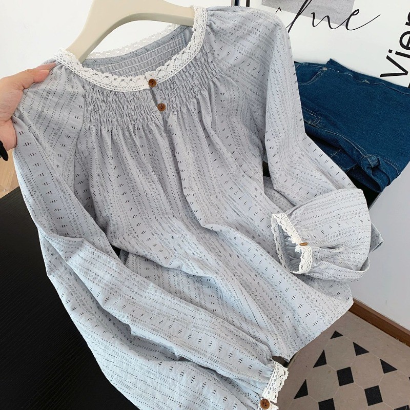shayne-เสื้อสุภาพสตรี แขนยาว ขอบลูกไม้ การพิมพ์ ประเภทรุ่นหลวม วินเทจ วรรณกรรมและศิลปะ สุภาพสตรี วิทยาลัย