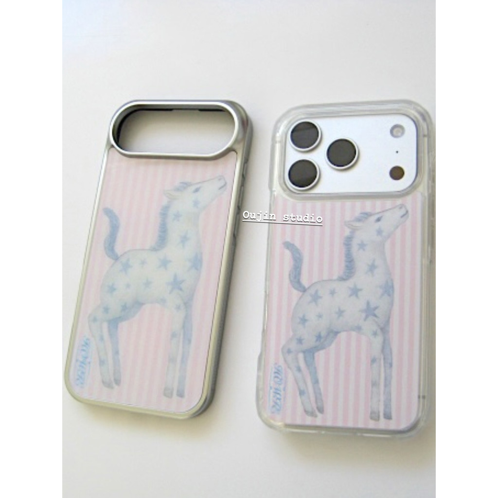 สไตล์เกาหลี ins สไตล์ Niche Design High-End น่ารักการ์ตูนสนุก Star Stripe Pony เหมาะสําหรับ 17/16/15promax/14 Shock-proof Silver Edge Hard Shell เคสโทรศัพท์