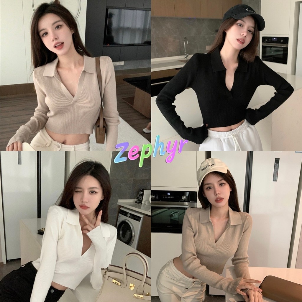 Zephyr-เสื้อยืด คอวี สีพื้น แขนยาว เข้ารูป ผ้ายืด เสื้อครอป แฟชั่น สไตล์เกาหลีวินเทจ ใส่สบาย