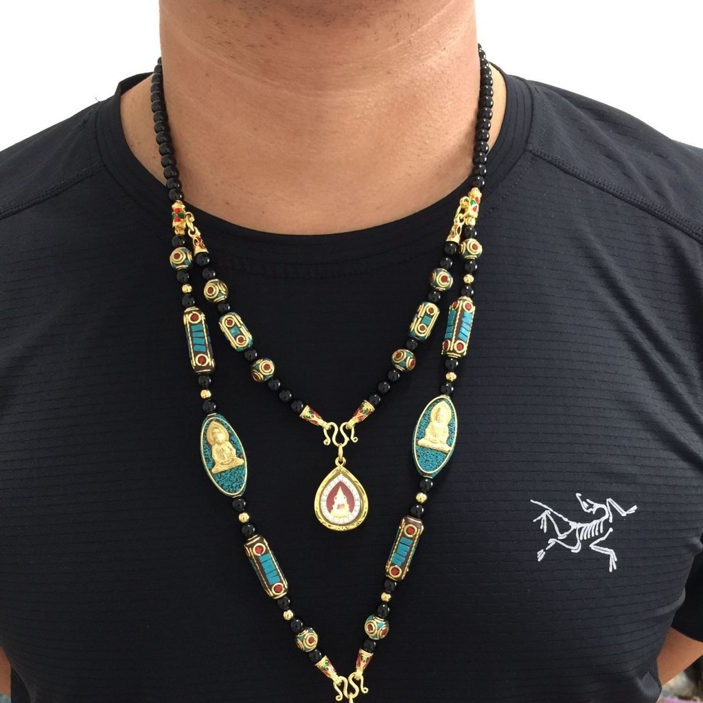 T Thailand Amulet Chain โซ่ลูกปัดทองแดง Tangka Gawu Box Black Agate Amulet จี้สร้อยคอ
