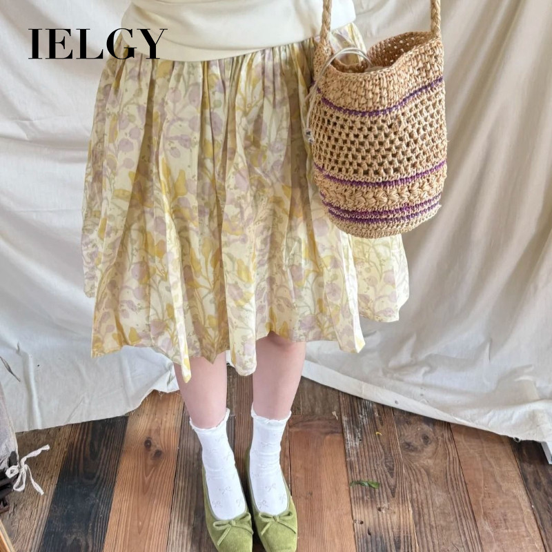 IELGY กระโปรงลายดอกไม้สีเหลืองหญิง ก-เส้น กระโปรงร่มปุย