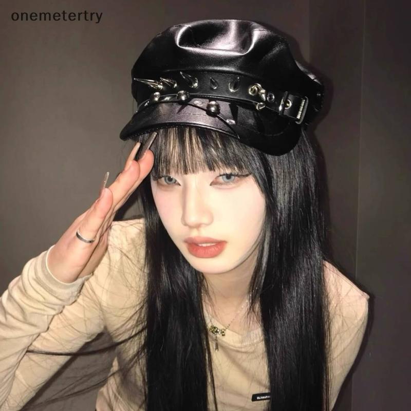 Onem Vintage Rivet Beret Harajuku Y2K สาว Gothic Lolita หนังสีดํา Dark Face เปิดเผยแบน Newsboy หมวก Beret n