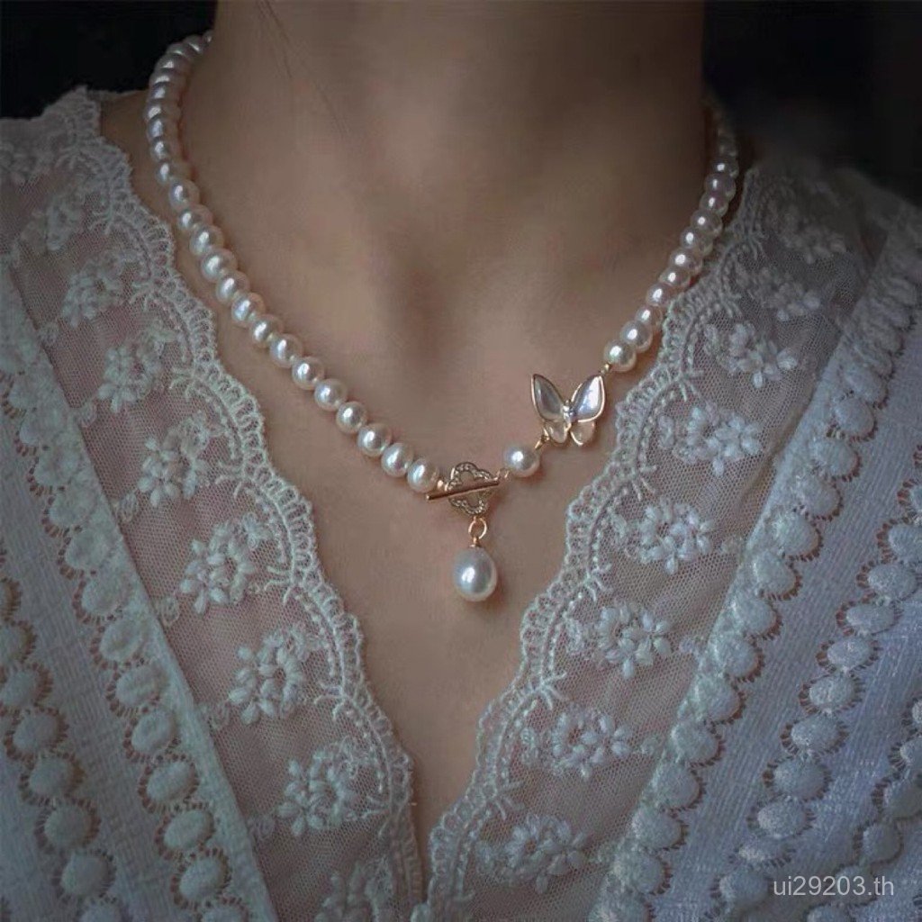 18k สร้อยคอจี้เพิร์ลโซ่เสื้อกันหนาวธรรมชาติ OT หัวเข็มขัดหญิงน้ําจืด Fritillary ผีเสื้อทองครอบคลุมสไ