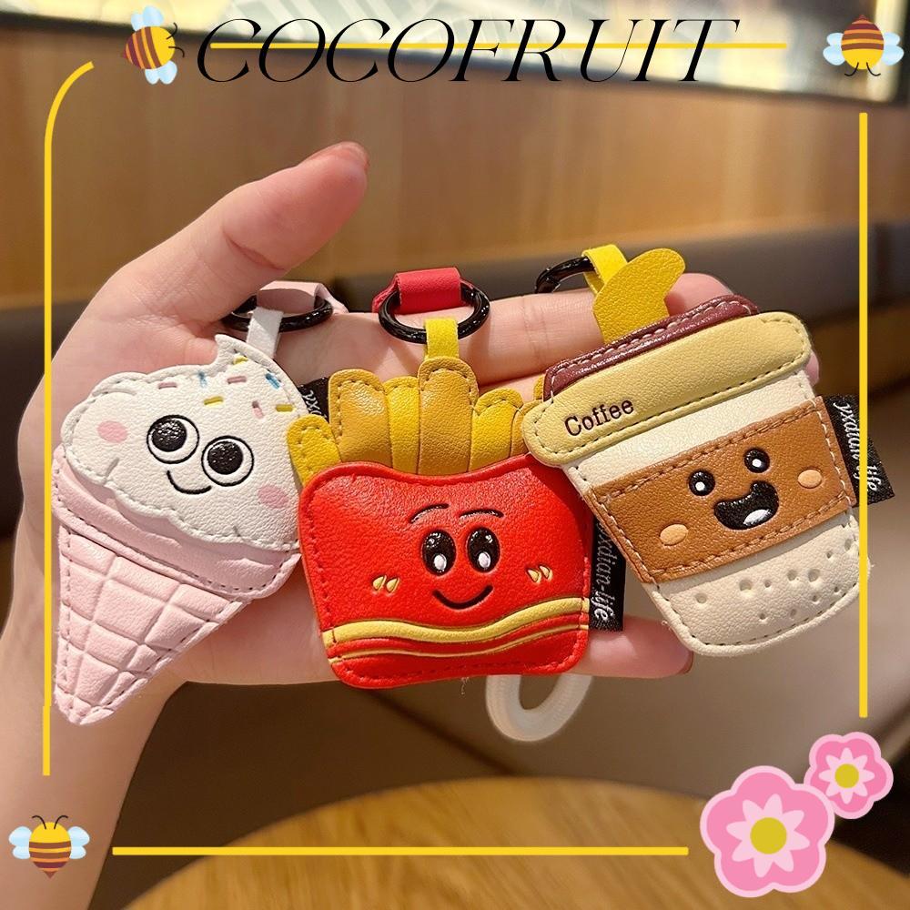 พวงกุญแจ COCOFRUIT PU หนัง ออกแบบเป็นไอศกรีมกาแฟและฟRENCH FRITES การ์ตูน สำหรับประดับกระเป๋า