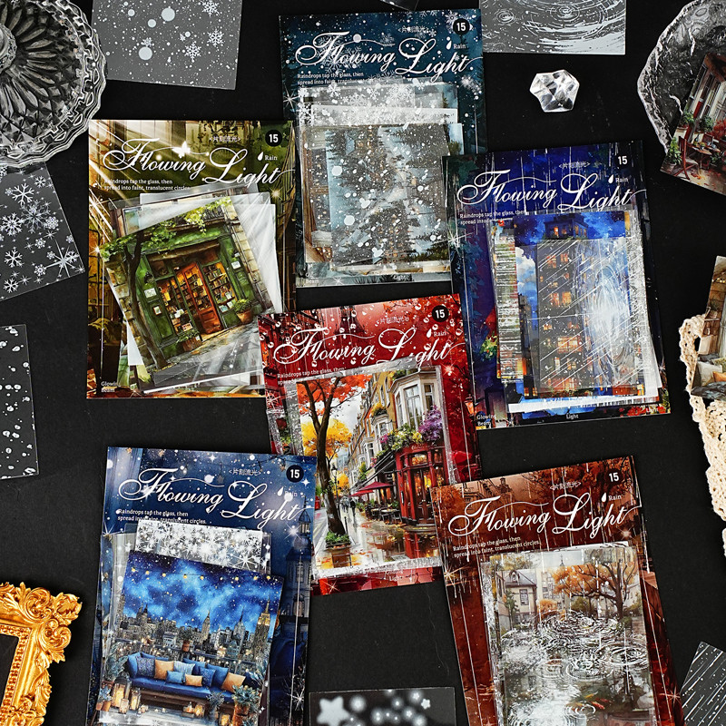 นาย กระดาษ15ชิ้น/ถุงกันน้ําสัตว์เลี้ยงสติกเกอร์เกล็ดหิมะดาวตกฝนคืนทิวทัศน์การออกแบบสถาปัตยกรรมหนังสือมือทําฉากสติกเกอร์สร้างสรรค์ทําเองบัตรถ้วยไดอารี่แผ่นจดบันทึกตกแต่