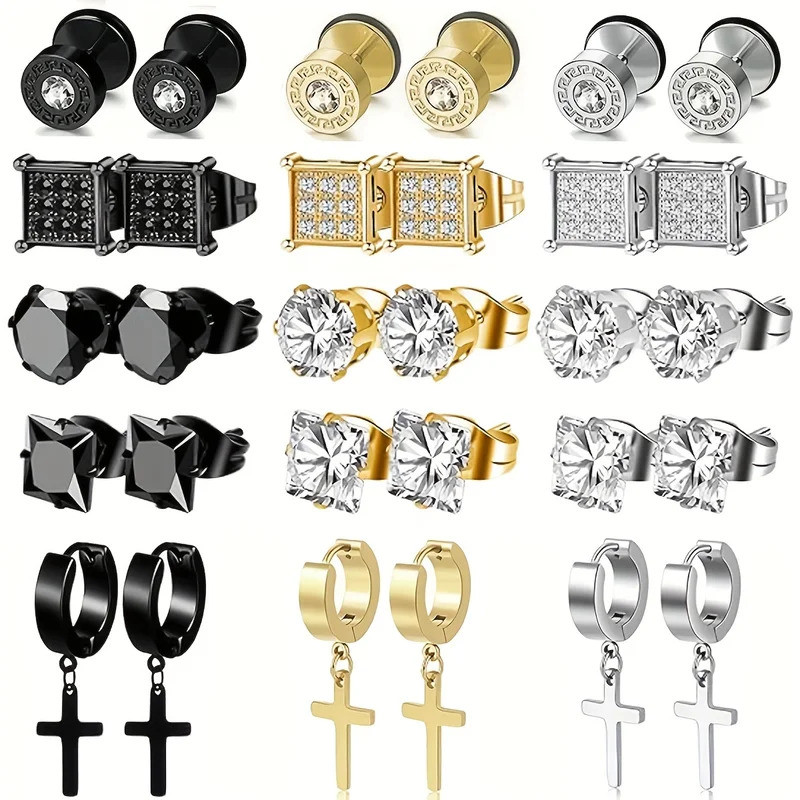 15 Pairs Stainless Steel Earrings Cross Dangle Hinged Earrings, Cubic Zirconia Stud Earrings For Men