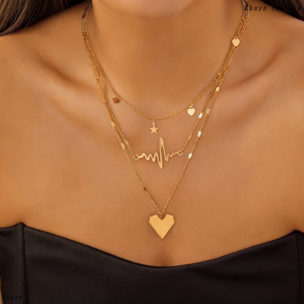 สร้อยคอลายMinimalist พร้อมลายหัวใจ/EKG/ดวงจันทร์/ดาว (3PCS Set) เหมาะสำหรับวันเดตและสวมใส่ทั่วไป