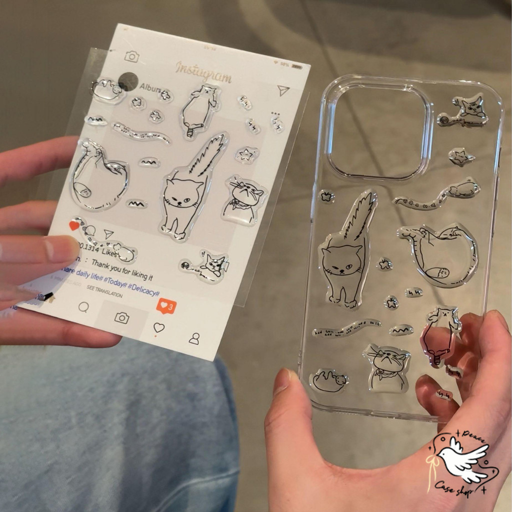 COD-ในไทย💥สติกเกอร์เจลลี่ การ์ตูนแมว DIY For iPhone 15 11 12 13 14 16 17 Pro Max 7 8 16 Plus เคส โปร่งใส กันกระแทก Case