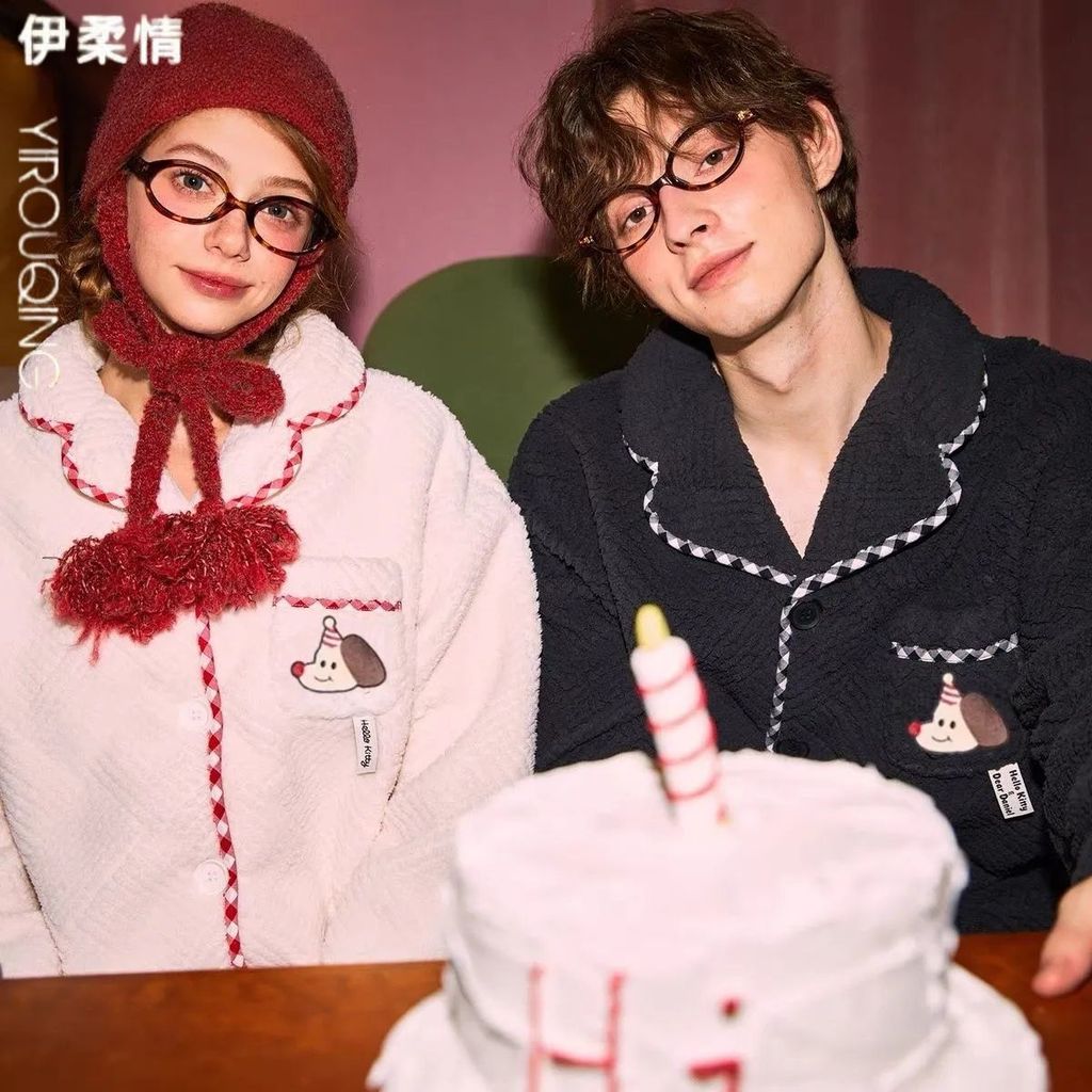 伊柔情情侣睡衣女士冬季珊瑚绒加厚风翻领居家男士家居服套装Yi Rou Qing Couple Pajamas Women's Winter Coral Fleece Plus20251025