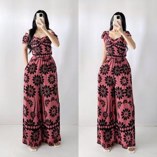 Sunny&Co Chalis Coord Smocking Top Puff Sleeves with Wide Leg Pants  For Women