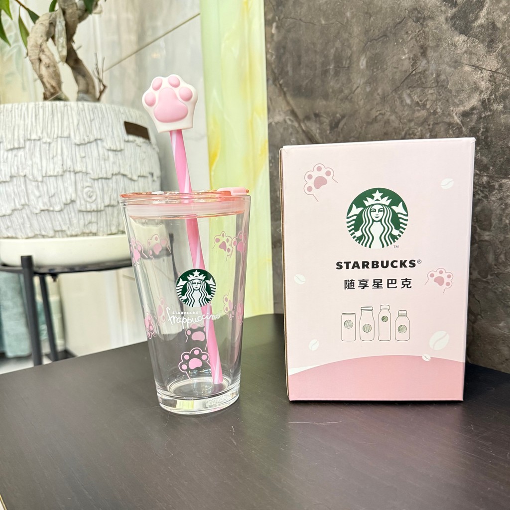 Starbucks Starbucks Cup Enjoy Cherry Blossom Cat Claw Glass Straw Cup Pink Girl ถ้วยน้ํามูลค่าสูง