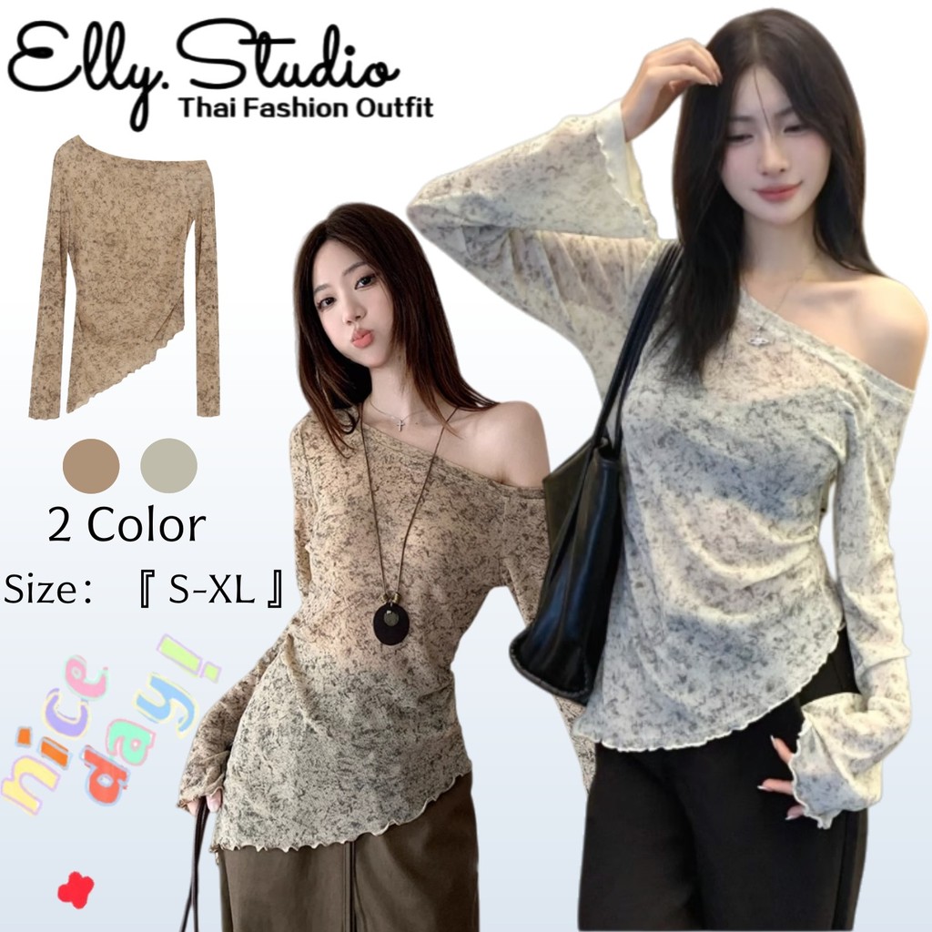 Elly พร้อมส่ง🦊เสื้อยืดผู้หญิง💫เสื้อปาดไหล่แขนยาว สีมัดยอม ดีไซน์ปายเสื้อเฉียง เสื้อครอปรัดรูป แฟชั่นเกาหลี สไตล์ลำลอง