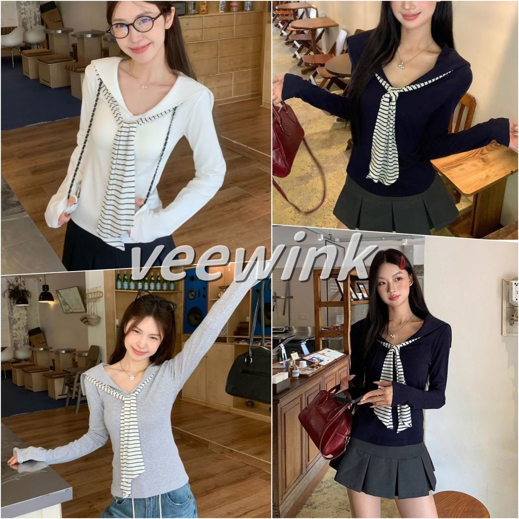 Veewink เสื้อเชิ้ตแขนยาว สีน้ำเงินเข้ม คอกลมสไตล์กองเรือ ผูกโบว์ลายทาง กระชับเอว เนื้อผ้านุ่ม