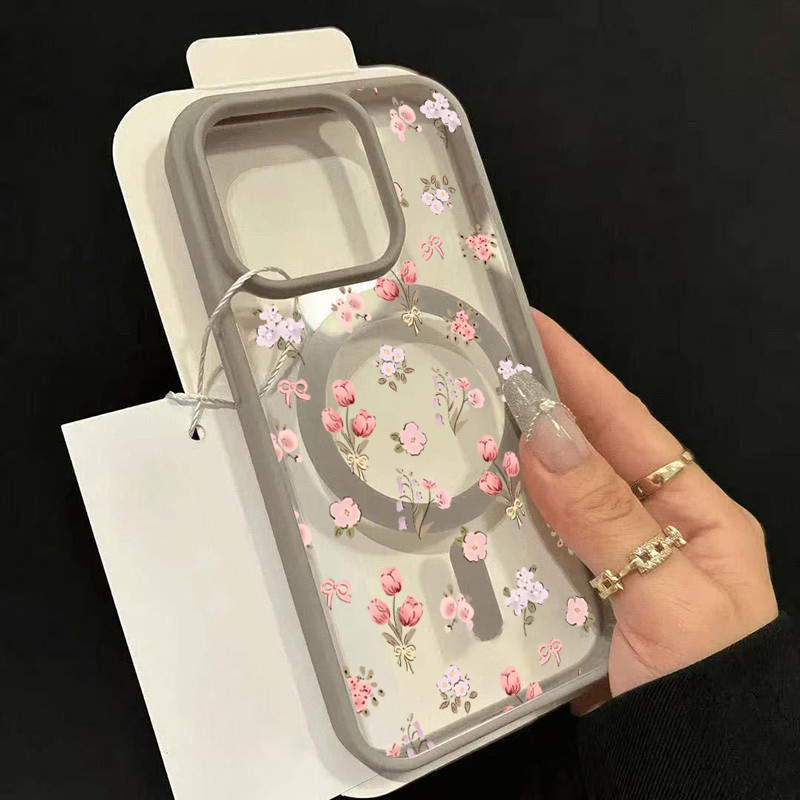 ดอกไม้สีชมพูทิวลิปแม่เหล็กสําหรับiPhone 17 16 15 14 13 12 11 Pro Max 14 15 Plus 17 AIR 16E Matte Clearแม่เหล็กชาร์จไร้สายกันกระแทกฝาหลัง