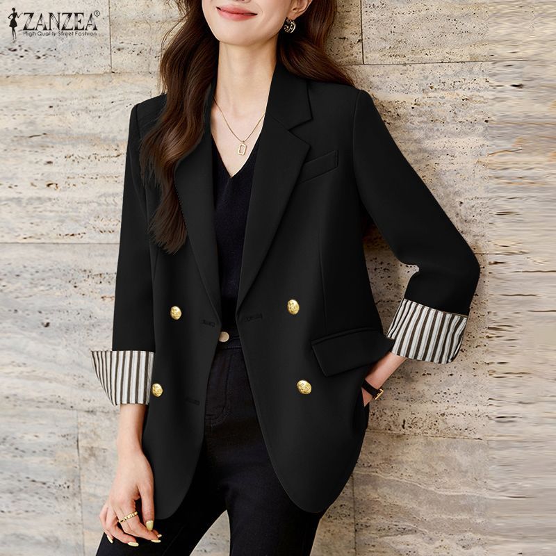 Zanzea Blazer สไตล์การเดินทางสำหรับผู้หญิง ดีไซน์ลาย_patchwork_และแขนสีตัดกัน — صورة 5
