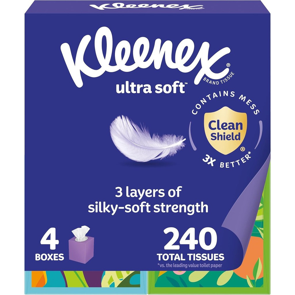 กระดาษเช็ดหน้า Kleenex Ultra Soft, กล่อง 4 Cube, กล่องละ 60 ทิชชู่, 3 ชั้น (240 รวม), บรรจุภัณฑ์พฤษภ