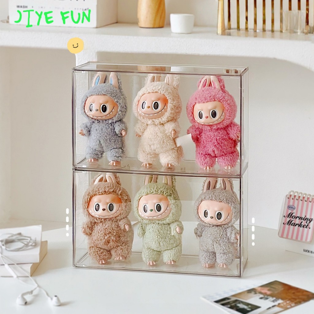 3-Slot กล่องแสดงที่ชัดเจนสําหรับ Labubu V1 V2 V3 อะคริลิคโปร่งใสกันฝุ่นรูปชั้นวางเดสก์ท็อปสะสมขาตั้ง