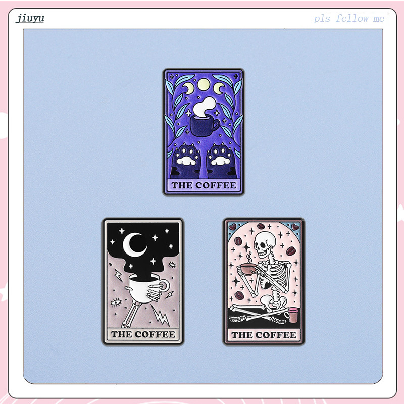 The Coffee Tarot Card พินพังค์กะโหลกเคลือบป้ายโลหะ เข็มกลัดสไตล์โกธิก