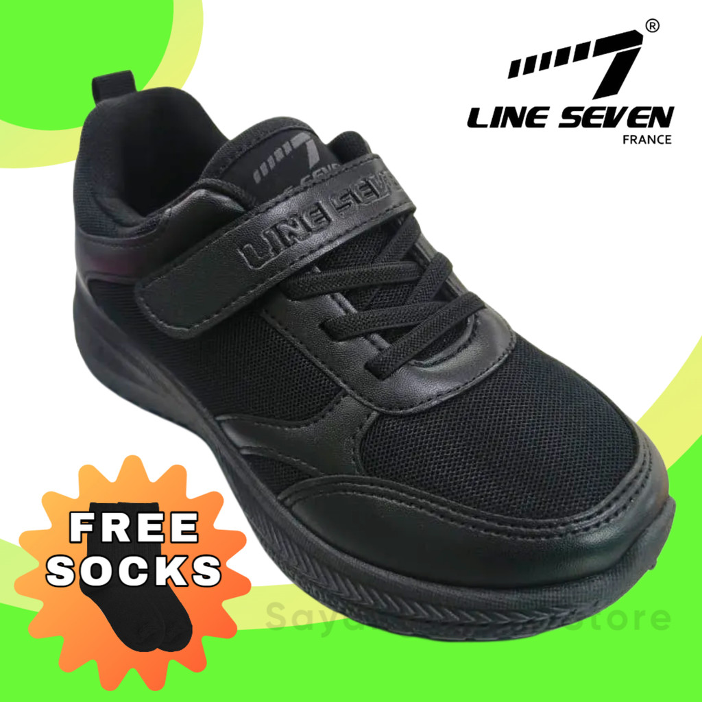Line7 1125 BK Black School Shoe PVC Mesh Junior/Kids Kasut Sekolah Hitam LINE 7