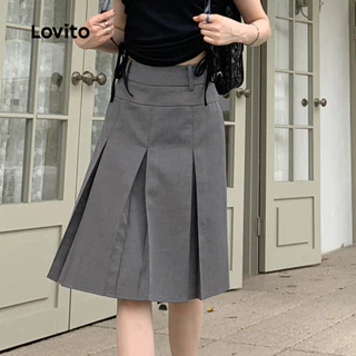 (KOL's pick) Lovito x Poppy แคชชวล กระโปรงลําลองกระโปรงจีบธรรมดาสําหรับผู้หญิง LNE29157 (สีเทา)