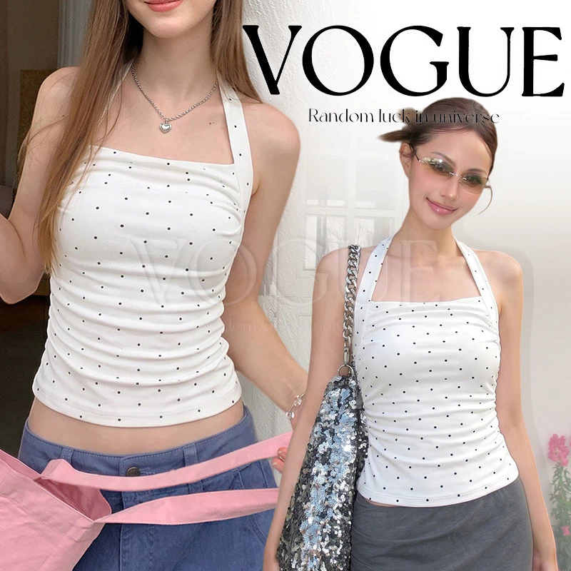 Vogue🌟พร้อมส่ง🌟 เสื้อยืดคล้องคอ ดีไซน์ติดเพชรทั้งตัว เสริมฟองน้ำเข้ารูป ผ้ายืดตามตัว (FY5171)