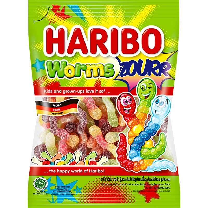ฮาริโบ้เวิร์มซาวร์วุ้นเจลลาตินรูปหนอน 80กรัม Haribo Worms Zourr Jally 80g. [หมายเลขบาร์โค้ด 8691216092525 ]