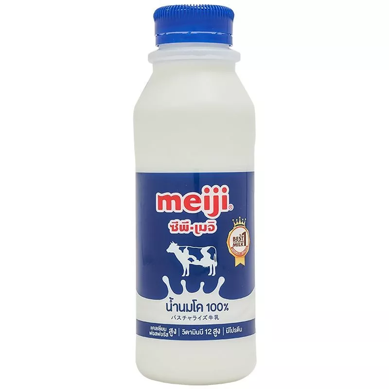 เมจินมสดรสจืดขวด 450ซีซี Meiji Pasteurized Milk Plain 450cc. [หมายเลขบาร์โค้ด 8850329145119 ]