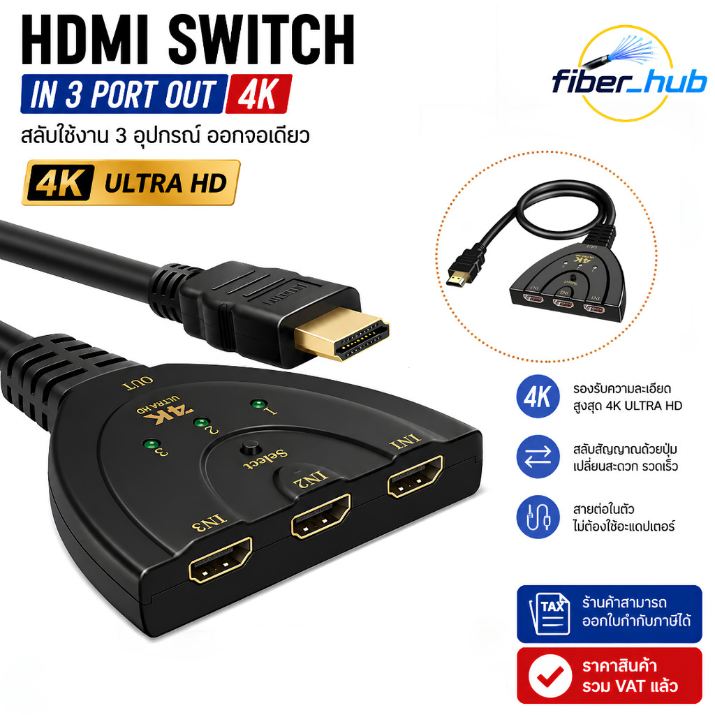 HDMI Switch ตัวสลับสัญญาณ HDMI 3 In 1 Out 4K Ultra HD สลับ 3 อุปกรณ์ออกจอเดียว