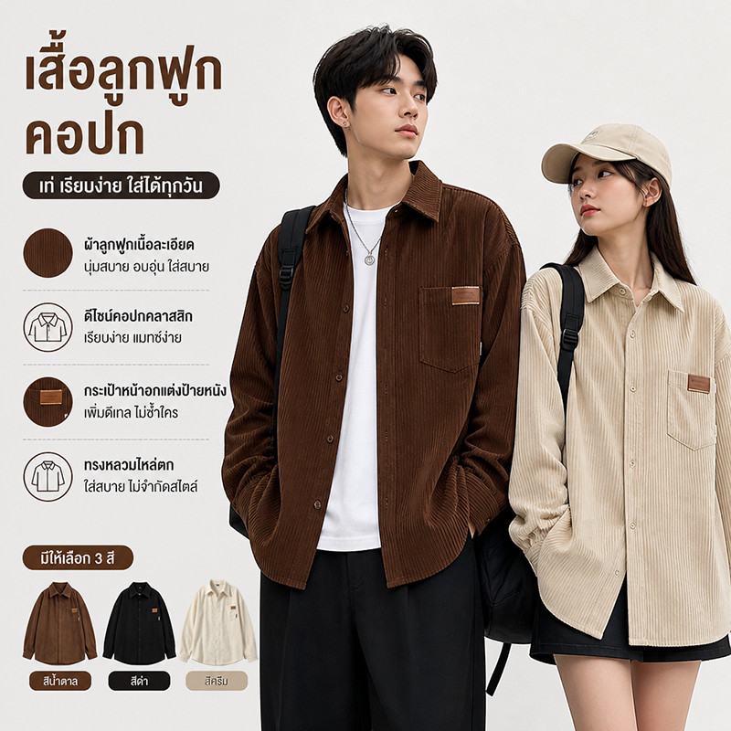【ZENIX 】เสื้อเชิ้ตผ้าลูกฟูกวินเทจสําหรับผู้ชาย เนื้อผ้านุ่มสบาย ทรงหลวม สไตล์เกาหลี ใส่ได้หลายโอกาส ใส่ได้ทั้งชายและหญิง