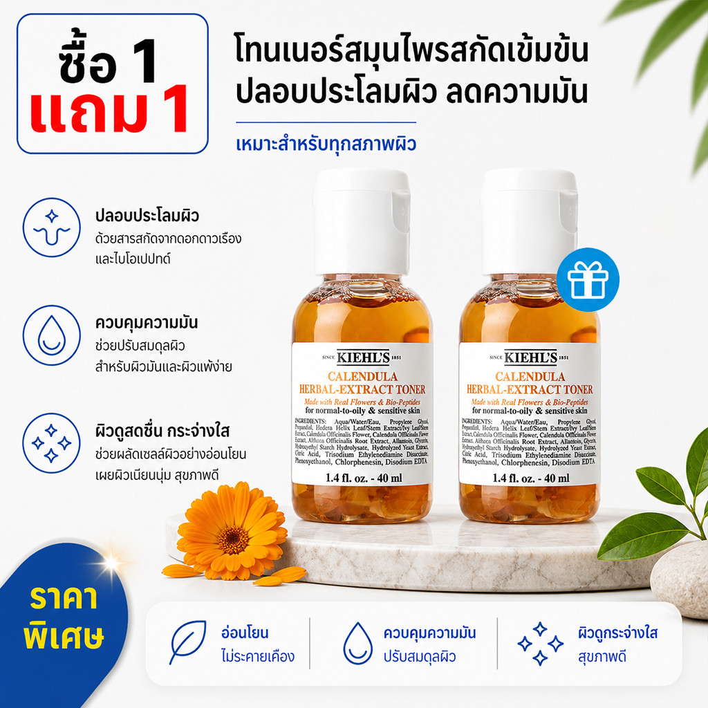 [ซื้อ 1 แถม 1] Kiehls Calendula Herbal Extract Toner ปราศจากแอลกอฮอล์ 40ml Kiehls โทนเนอร์ปราศจากแอล