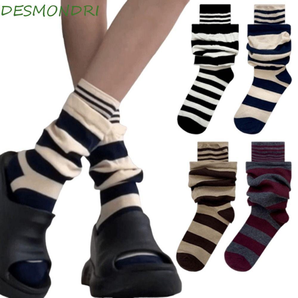 DESMNDRI 4 คู่ถุงเท้าลายกอง, ปลอมสองชิ้นหลวม Ruffle Stripe Stocking, ถุงเท้า Heap อบอุ่นยืดหยุ่นสบาย