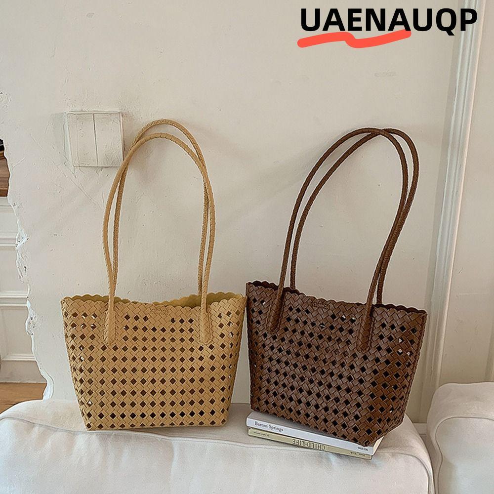 UAENAUQP Hollow out กระเป๋าสะพาย,ที่ถอดออกได้ PU ทอ Tote Bag, Beach Vacation Dark Brown Summer Outing กระเป๋าสะพายสตรีทุกวัน