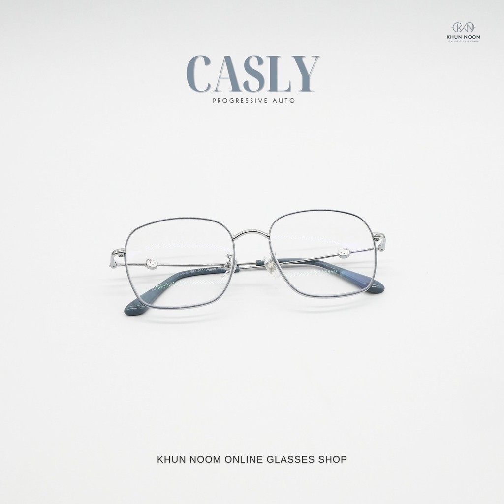 แว่นตาสายตายาวโปรเกรสซีฟออโต้ [เลนส์ตัดใหม่] รุ่น "แคสลี่" Casly วัสดุ Titanium ขาแว่นลายน้องแมว เลนส์เปลี่ยนสีเทาดำ