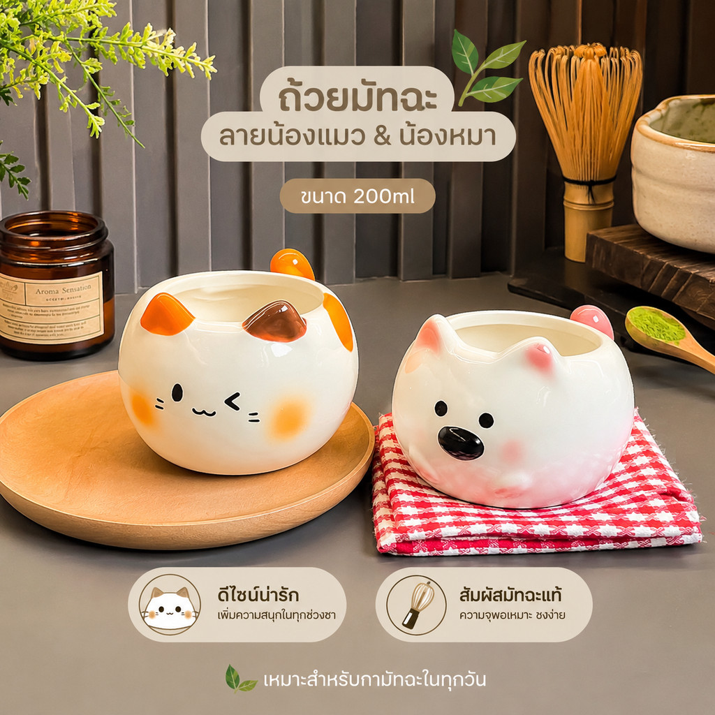 ถ้วยมัทชะ แก้วกาแฟเซรามิก ทำมือ ลายแมว 200ml มีหูจับ ทนความร้อน ใช้บ้าน ร้านกาแฟ ของขวัญ