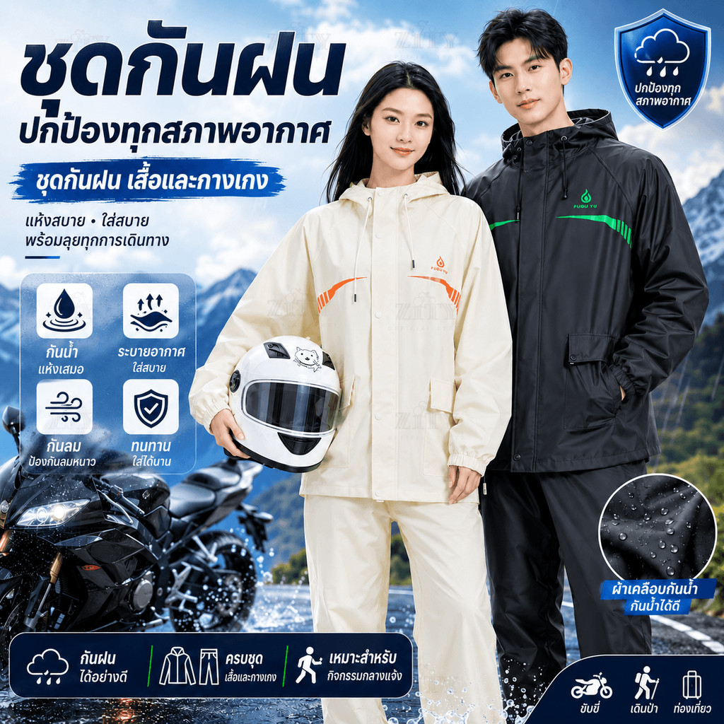 ZITY ชุดกันฝน เสื้อ+กางเกง กันน้ำระบายอากาศ กันลม ทนทาน เหมาะขี่มอเตอร์ไซค์ กันฝนตกหนัก