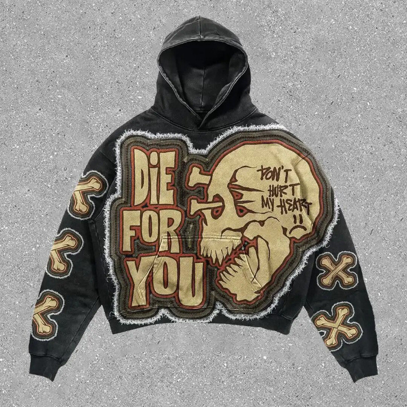 Street Harajuku แฟชั่น Retro Skull พิมพ์ Hoodie y2k คู่ Street เสื้อผ้า Hoodie ผู้ชาย