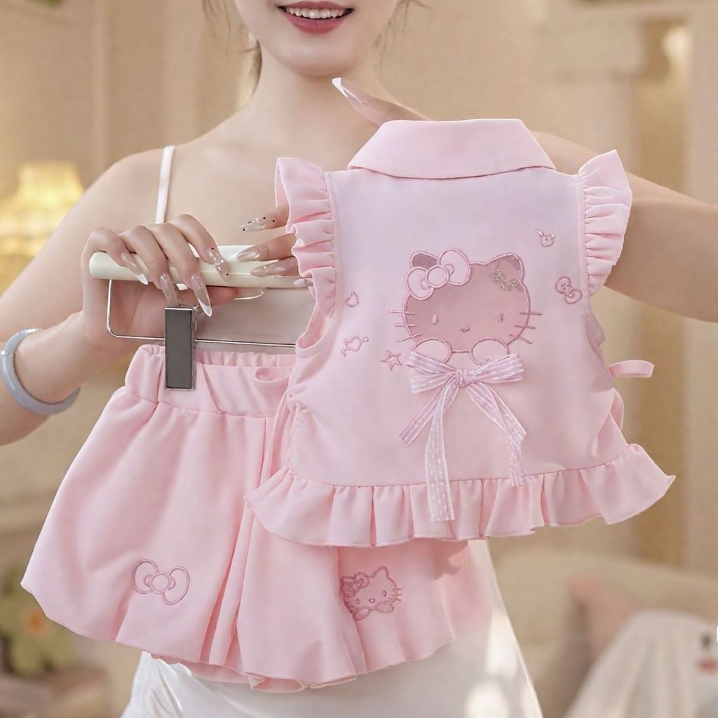 [ผลิตภัณฑ์ใหม่] สาวฤดูร้อนเด็กสาวหวานน่ารักการ์ตูนแฟชั่นแมวสีชมพูกลวงเย็บปักถักร้อยสองชุด [ขายร้อน]