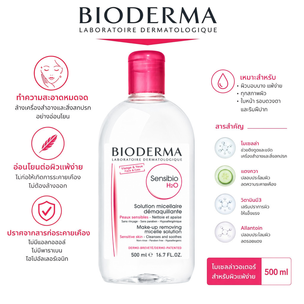 Bioderma Sensibio H2O Micellar Water 500ml|คลีนซิ่งวอเตอร์เช็ดเครื่องสำอาง อ่อนโยนต่อผิว ทำความสะอาดหมดจด ไม่แห้งตึงผิว