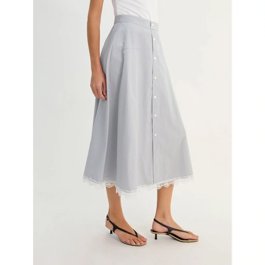 [Pomelo] กระโปรงแต่งขอบลูกไม้ / Lace Trim Midi Skirt