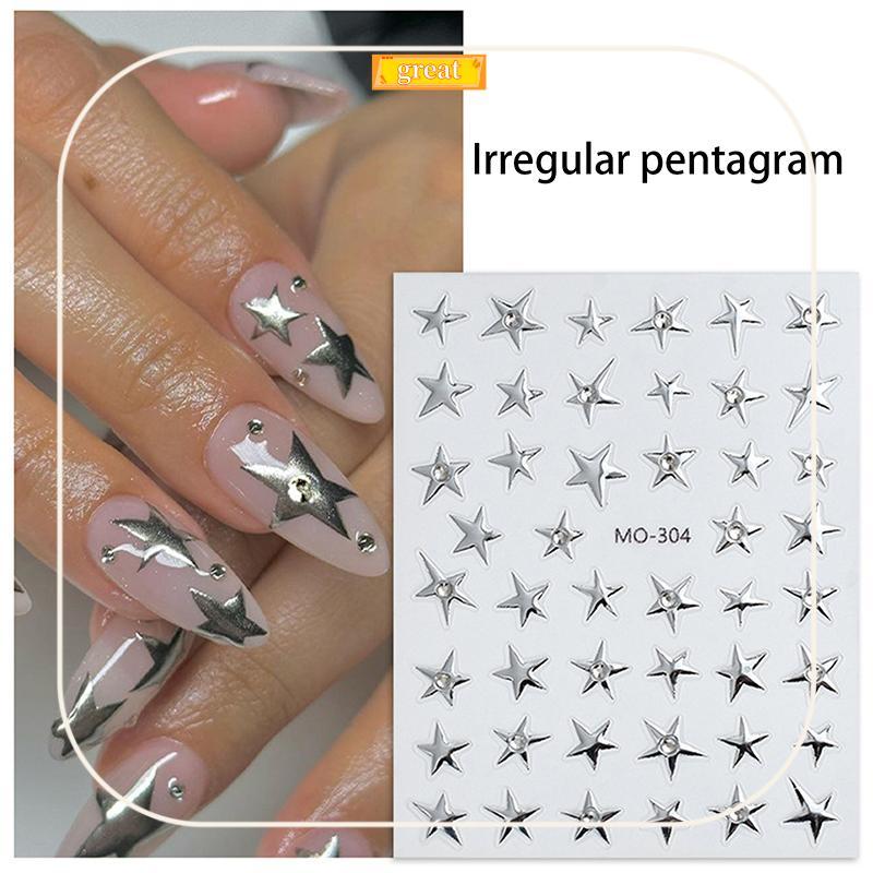 SPING 3D ไม่สม่ําเสมอ Pentagram Rhinestone เล็บ Stiers Y2K Satr เล็บ Decals Starlight Charm ฟอยล์ตกแต่ง Self กาว DDC