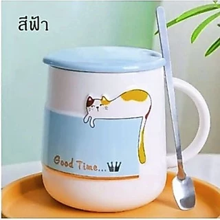 แก้วเซรามิก เซรามิก ฝาปิดเเถมช้อน ชุดแก้วกาแฟรูปแมวน่ารัก